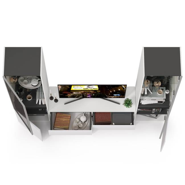 Стенка для гостиной со стеклянными фасадами Сидней № 11 цвет белый/чёрный/фасады МДФ белый глянец