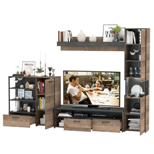 Стенка в гостиную с подсветкой серии Трувор № 21 цвет дуб гранж песочный/интра Стенка в гостиную с подсветкой серии Трувор № 21 цвет дуб гранж песочный/интра