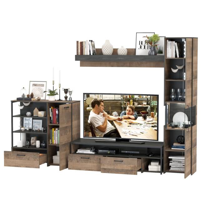 Стенка в гостиную с подсветкой серии Трувор № 21 цвет дуб гранж песочный/интра Стенка в гостиную с подсветкой серии Трувор № 21 цвет дуб гранж песочный/интра