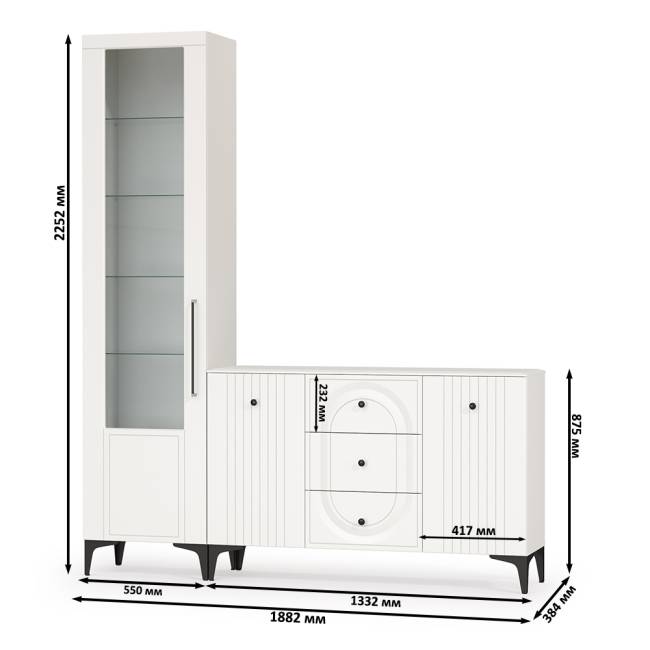 Пенал со стеклом и комод-ТВ-тумба Валенсия цвет белый шагрень