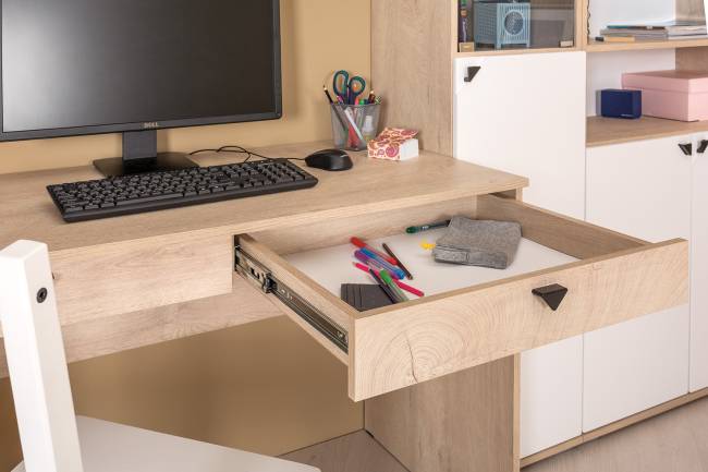 Столы Бостон с полками и пеналом цвет дуб эндгрейн элегантный/фасады МДФ милк рикамо софт