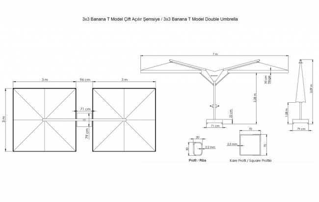 Зонт профессиональный двухкупольный 6х3 м Double Banana T бежевый 6000х3000 мм