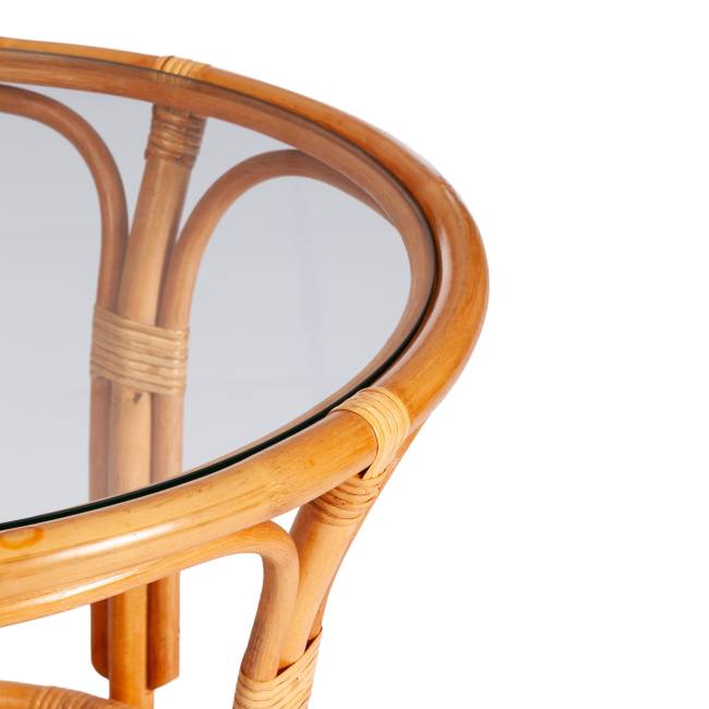 Комплект террасный Пеланги/Pelangi (стол со стеклом + 2 кресла) /с подушками/ ротанг, кресло 65х65х77см, стол диаметр 64х61см, медовый Honey (мед) ротанг