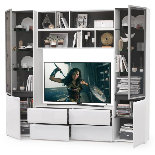 Сидней стенка для гостиной № 38 цвет белый/чёрный/фасады МДФ белый глянец Сидней стенка для гостиной № 38 цвет белый/чёрный/фасады МДФ белый глянец