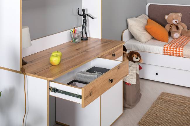 Детская кровать с ящиками и уголок школьника Вуди № 36 цвет белый премиум/дуб крафт золотой/саванна латте