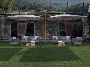 Зонт профессиональный двухкупольный 2.9х6.3 м Galaxia Dual T Timber имитация ироко, серебристо-серый 2900х6300 мм