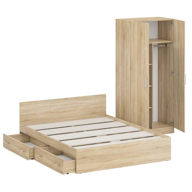 Двуспальная кровать с ящиками 1600 со шкафом для одежды 2-х створчатым Стандарт цвет дуб сонома