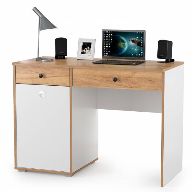 Письменный стол с надстройкой Вуди цвет белый премиум/дуб крафт золотой