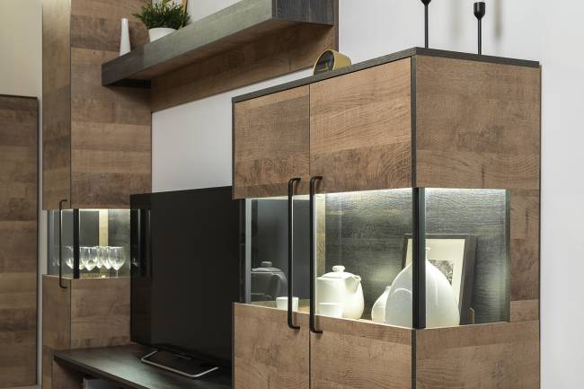 Две тумбы-витрины с подсветкой и с тумбой для телевизора Трувор цвет дуб гранж песочный/интра