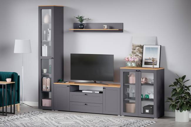 Пенал-витрина в гостиную Остин 16.394.03 цвет серый графит/дуб крафт золотой