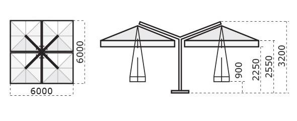 Зонт профессиональный четырехкупольный 6х6 м Alu Poker Starwhite белый, серо-коричневый 6000х6000 мм