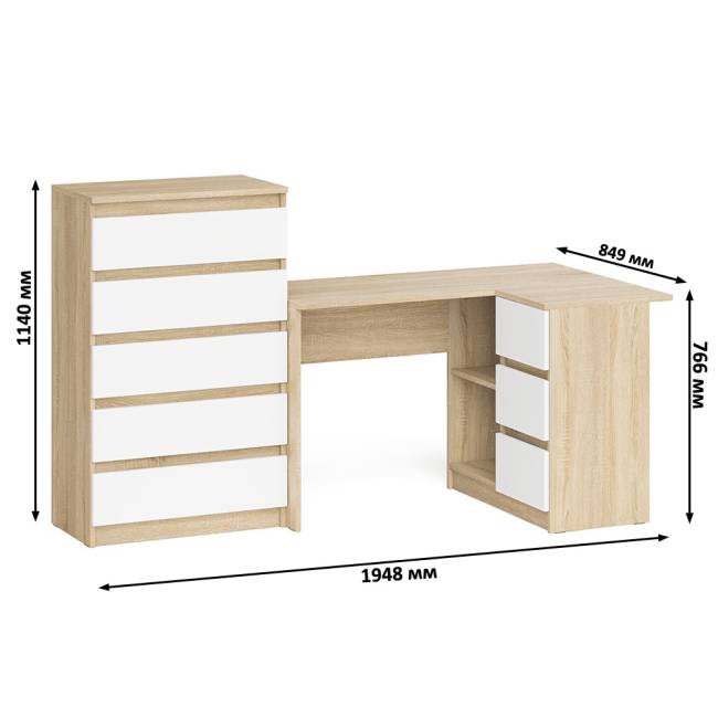 Высокий комод 700 пять ящиков и угловой компьютерный стол МС-16 правый серии Мори цвет дуб сонома/белый