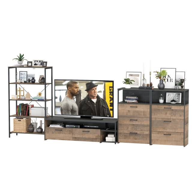 Стеллаж открытый с ТВ-тумбой и двумя комодами с тремя ящиками Трувор № 98 цвет дуб гранж песочный/интра Стеллаж открытый с ТВ-тумбой и двумя комодами с тремя ящиками Трувор № 98 цвет дуб гранж песочный/интра