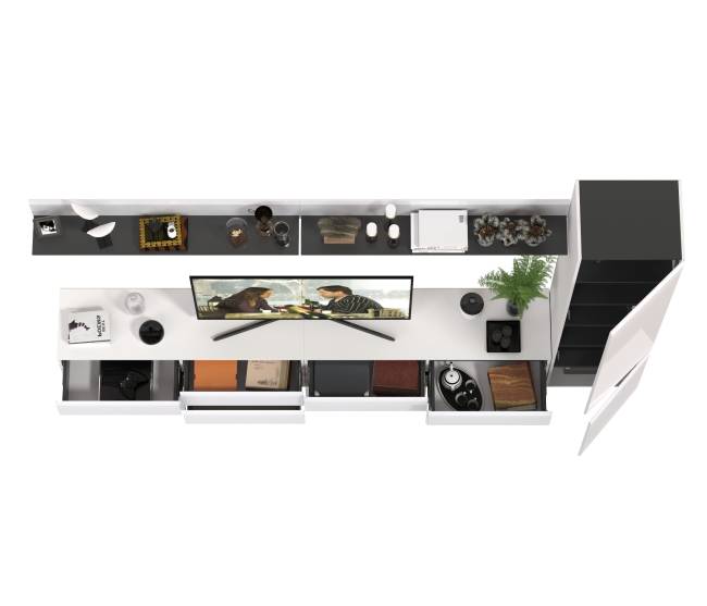 Две ТВ-тумбы с двумя навесными полочками и шкафом с полками Сидней цвет белый/чёрный/МДФ белый глянец