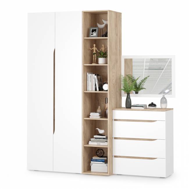 Комплект Муссон Шкаф + Стеллаж + Комод + Зеркало цвет белый/дуб эндгрейн элегантный Комплект Муссон Шкаф + Стеллаж + Комод + Зеркало цвет белый/дуб эндгрейн элегантный