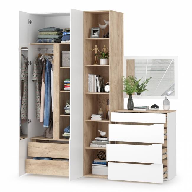 Комплект Муссон Шкаф + Стеллаж + Комод + Зеркало цвет белый/дуб эндгрейн элегантный Комплект Муссон Шкаф + Стеллаж + Комод + Зеркало цвет белый/дуб эндгрейн элегантный