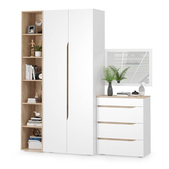 Комплект Муссон Шкаф + Стеллаж + Комод + Зеркало цвет белый/дуб эндгрейн элегантный Комплект Муссон Шкаф + Стеллаж + Комод + Зеркало цвет белый/дуб эндгрейн элегантный