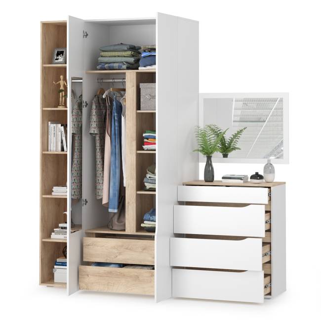 Комплект Муссон Шкаф + Стеллаж + Комод + Зеркало цвет белый/дуб эндгрейн элегантный Комплект Муссон Шкаф + Стеллаж + Комод + Зеркало цвет белый/дуб эндгрейн элегантный