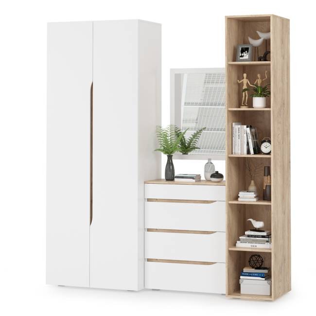 Комплект Муссон Шкаф + Стеллаж + Комод + Зеркало цвет белый/дуб эндгрейн элегантный Комплект Муссон Шкаф + Стеллаж + Комод + Зеркало цвет белый/дуб эндгрейн элегантный