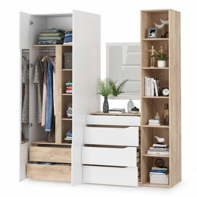 Комплект Муссон Шкаф + Стеллаж + Комод + Зеркало цвет белый/дуб эндгрейн элегантный Комплект Муссон Шкаф + Стеллаж + Комод + Зеркало цвет белый/дуб эндгрейн элегантный