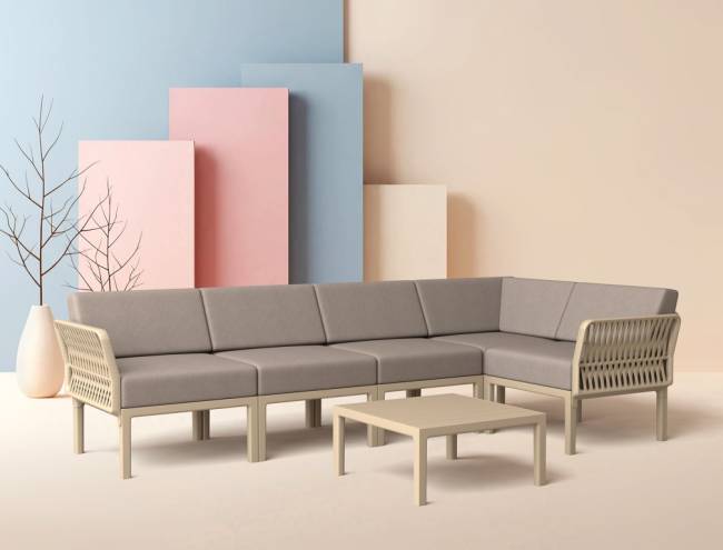 Комплект пластиковой мебели Portofino Lounge Corner бежевый, светло-коричневый Комплект пластиковой мебели Portofino Lounge Corner бежевый, светло-коричневый