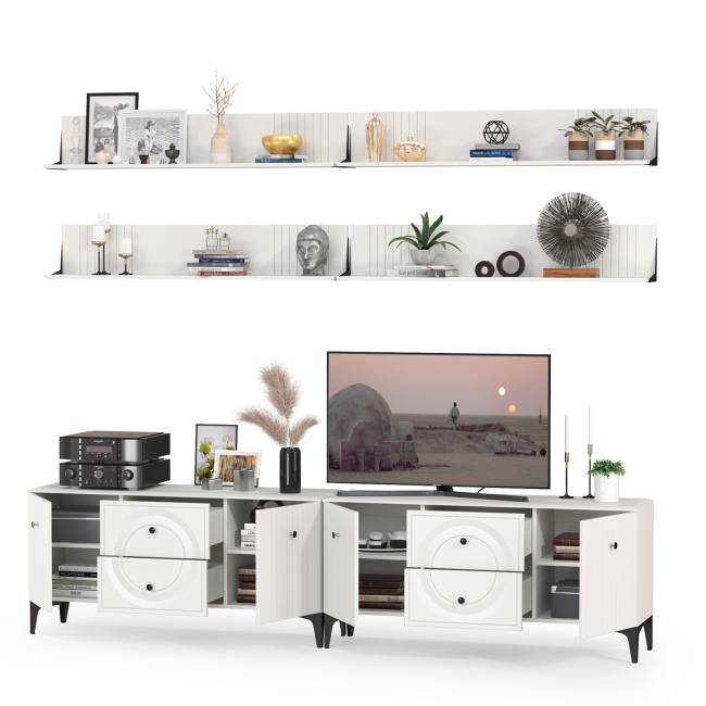 Две ТВ-тумбы и четыре навесных полки Валенсия цвет белый шагрень