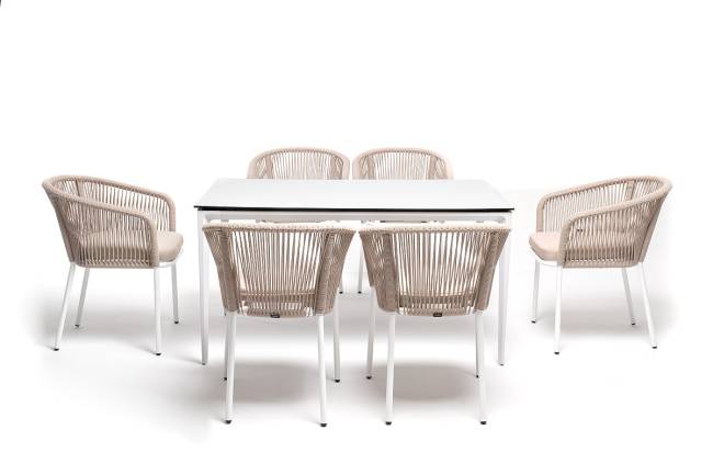 "Малага" обеденная группа на 6 персон со стульями "Марсель", каркас белый, роуп бежевый
