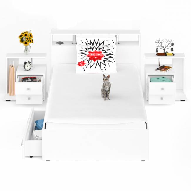 Кровать с ящиками 1200 Камелия + две тумбы цвет белый