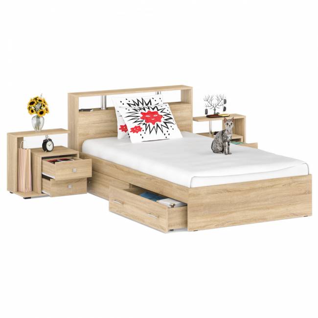 Кровать с ящиками 1200 Камелия + две тумбы цвет дуб сонома