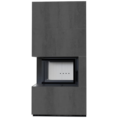 Каминокомплект Kratki PRO FLOKI NATURALI PIETRA DI SAVOIA ANTRANCITE BOCCIARDATA, угловое стекло слева