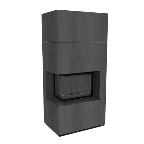 Каминокомплект Kratki PRO FLOKI NATURALI PIETRA DI SAVOIA ANTRANCITE BOCCIARDATA, угловое стекло слева