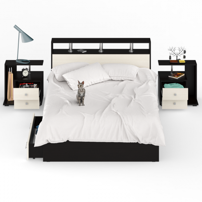 Кровать с ящиками 1400 Камелия + две тумбы цвет венге/дуб лоредо