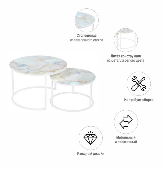 Набор кофейных столиков Tango бежевый мрамор с белыми ножками, 2шт RF 0352
