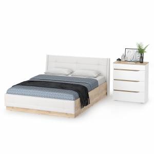 Комод Муссон с кроватью 1600 с подъёмным основанием цвет белый/дуб эндгрейн элегантный/кожзам белый