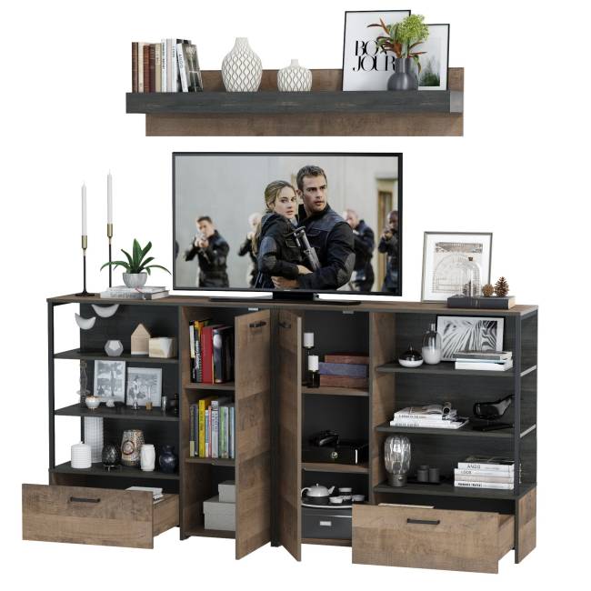 Два комода с дверками и ящиками и навесная полка Трувор цвет дуб гранж песочный/интра