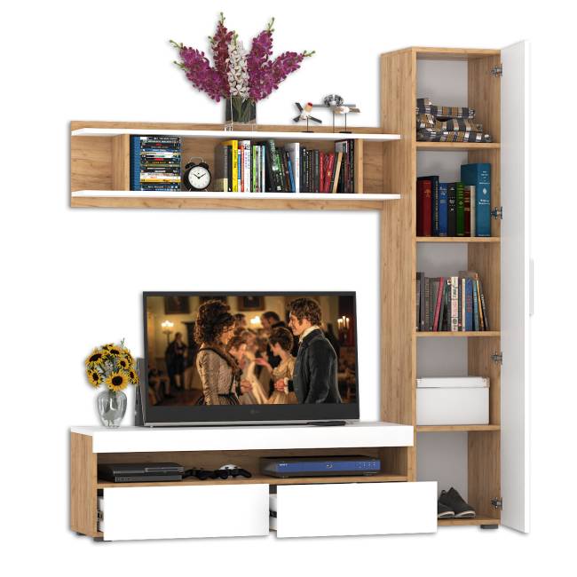 Стенка в гостиную Альба № 3 цвет дуб крафт золотой/белый премиум