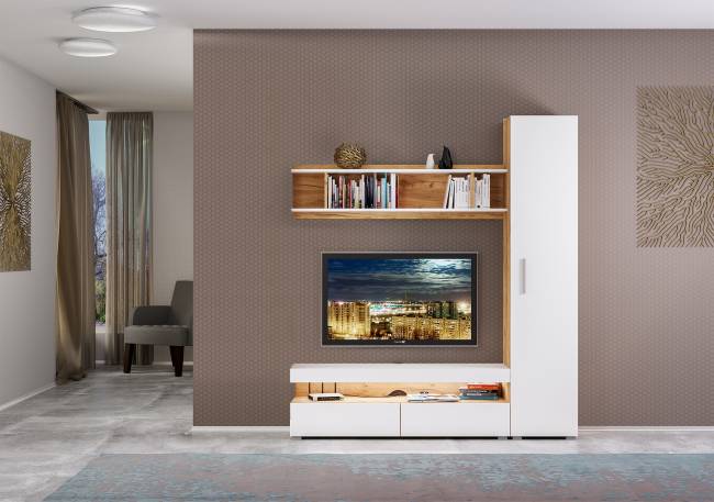 Стенка в гостиную Альба № 3 цвет дуб крафт золотой/белый премиум