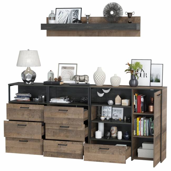 Два комода с ящиками с навесной полкой и комод с ящиком и дверкой в гостиную Трувор цвет дуб гранж песочный/интра