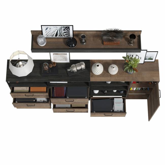 Два комода с ящиками с навесной полкой и комод с ящиком и дверкой в гостиную Трувор цвет дуб гранж песочный/интра