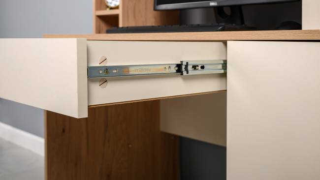 Компьютерный стол с системой хранения Комфорт 12.71 цвет гикори рокфорд натуральный/сатин Компьютерный стол с системой хранения Комфорт 12.71 цвет гикори рокфорд натуральный/сатин